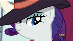 Size: 1920x1080 | Tagged: safe, screencap, rarity, pony, unicorn, rarity investigates, close-up, detective rarity, discovery family logo, female, hat, lidded eyes, mare, smiling, solo