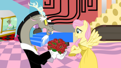 Size: 5333x3000 | Tagged: safe, artist:discordedproductions, discord, fluttershy, pegasus, pony, fanfic:bride of discord, clothes, discoshy, dress, female, flower, male, shipping, straight