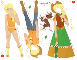 Size: 2179x1696 | Tagged: safe, artist:whiteheather, applejack, winona, human, apple print underwear, belly button, clothes, cutie mark underwear, dress, gala dress, humanized, midriff, orange underwear, panties, papercraft, shirt, shoes, solo, tanktop, underwear