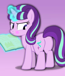 Size: 686x800 | Tagged: safe, starlight glimmer, pony, unicorn, blushing, book, cute, female, glimmer glutes, glimmerbetes, glowing horn, horn, looking back, magic, mare, plot, s5 starlight, solo, telekinesis