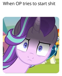 Size: 793x972 | Tagged: safe, artist:agrol, edit, starlight glimmer, sunburst, pony, unicorn, caption, death stare, glarelight glimmer, image macro, meme, op is a duck (reaction image), text, time for two, vulgar