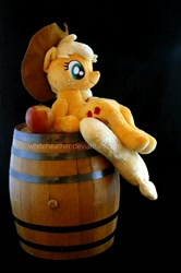 Size: 916x1380 | Tagged: safe, artist:whiteheather, applejack, apple, barrel, irl, photo, plushie, sitting, solo