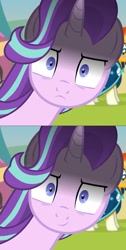 Size: 718x1430 | Tagged: safe, artist:agrol, edit, editor:horsesplease, starlight glimmer, sunburst, pony, at first i was like but then i was like, everything went better than expected, glarelight glimmer, inconvenient starlight, inverted mouth, serendipity (scenario), smiling, smirk, this will end in gulag, time for two, yandere glimmer