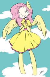 Size: 800x1219 | Tagged: safe, artist:liiserz, fluttershy, anthro, ambiguous facial structure, breasts, clothes, delicious flat chest, dress, flattershy, skinny, solo