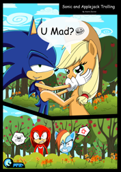 Size: 2432x3440 | Tagged: safe, artist:az-derped-unicorn, derpibooru import, applejack, rainbow dash, earth pony, pegasus, pony, comic sans, crossover, crossover shipping, knuckles the echidna, sonic the hedgehog (series), trollface