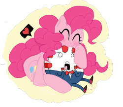 Size: 1500x1300 | Tagged: safe, artist:misspolycysticovary, pinkie pie, earth pony, pony, :t, adventure time, biting, blushing, candy, crossover, crying, cute, female, happy, heart, mare, peppermint butler, scared