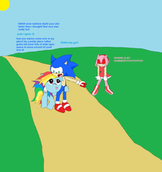 Size: 1996x2116 | Tagged: safe, artist:tj0001, derpibooru import, rainbow dash, pegasus, pony, 1000 hours in ms paint, amy rose, background pony strikes again, crossover, crossover shipping, female, interspecies, male, ms paint, shipping, sonic the hedgehog (series), sonicdash, straight, stylistic suck, why