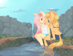 Size: 3355x2609 | Tagged: safe, artist:themaliciouskitty, applejack, fluttershy, anthro, appleshy, clothes, crying, female, lesbian, missing accessory, river, shipping, tanktop