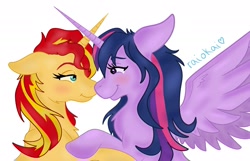 Size: 2024x1304 | Tagged: safe, artist:raiokai, sunset shimmer, twilight sparkle, twilight sparkle (alicorn), alicorn, pony, unicorn, blushing, female, horns are touching, lesbian, looking at each other, mare, shipping, simple background, smiling, spread wings, sunsetsparkle, white background, wings