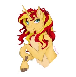 Size: 1313x1334 | Tagged: safe, artist:raiokai, sunset shimmer, pony, unicorn, female, fluffy, lidded eyes, looking at you, mare, rearing, simple background, smiling, solo, white background