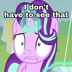 Size: 1080x1080 | Tagged: safe, screencap, starlight glimmer, pony, unicorn, starlight the hypnotist, spoiler:interseason shorts, concerned, cropped, glowing horn, i don't have to see that, levitation, magic, meme, reaction image, teeth, telekinesis