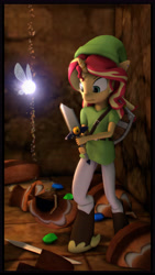 Size: 5400x9600 | Tagged: safe, artist:imafutureguitarhero, sunset shimmer, anthro, unguligrade anthro, unicorn, 3d, absurd resolution, blade, boots, border, broken sword, cap, chromatic aberration, clothes, costume, crossover, duo, ear piercing, earring, elf hat, fairy, female, film grain, floating, freckles, hat, holding, hylian shield, jewellry, jewelry, leather boots, link, link's hat, link's tunic, mare, multicolored hair, navi, nose wrinkle, piercing, pot, rupee, sand, scabbard, shield, shoes, signature, socks, source filmmaker, strap, sword, the legend of zelda, the legend of zelda: ocarina of time, tights, tunic, uh oh, vertical, wall of tags, weapon