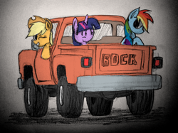 Size: 1306x979 | Tagged: safe, artist:mindofnoodles, derpibooru import, applejack, rainbow dash, twilight sparkle, twilight sparkle (alicorn), alicorn, earth pony, pegasus, pony, female, mare, truck