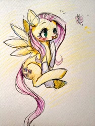 Size: 768x1024 | Tagged: safe, artist:nitronic, fluttershy, butterfly, pegasus, pony, blushing, clothes, cute, eyes on the prize, open mouth, smiling, socks, solo, spread wings, traditional art