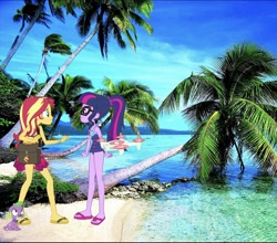 Size: 1312x1156 | Tagged: safe, editor:php77, sci-twi, spike, spike the regular dog, sunset shimmer, twilight sparkle, dog, better together, equestria girls, forgotten friendship, bag, beach, clothes, equestria girls in real life, glasses, irl, looking at each other, palm tree, photo, ponytail, sandals, selfie drone, stranded, swimsuit, tree