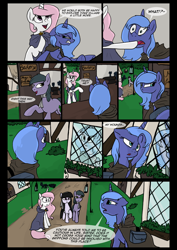 Size: 1240x1754 | Tagged: safe, artist:lunarcakez, princess celestia, princess luna, oc, oc:daydream, oc:june, alicorn, pony, comic:the origins of hollow shades, cewestia, comic, filly, pink-mane celestia, woona, younger