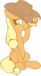 Size: 317x578 | Tagged: safe, artist:stoic5, applejack, earth pony, pony, cute, female, freckles, hat, jackabetes, mare, shy, simple background, sitting, smiling, solo, transparent background