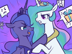 Size: 1280x960 | Tagged: safe, artist:kkuyo, kevin (changeling), princess celestia, princess luna, alicorn, changeling, pony, slice of life (episode), 30 minute art challenge, argument, fluffy, frown, gritted teeth, open mouth, poking, question mark, raised hoof, royal sisters, sisters