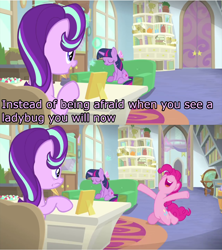 Size: 1280x1440 | Tagged: safe, screencap, pinkie pie, starlight glimmer, twilight sparkle, twilight sparkle (alicorn), alicorn, earth pony, pony, starlight the hypnotist, spoiler:interseason shorts, caption, hypnosis, image macro, template, text