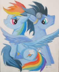 Size: 1024x1257 | Tagged: safe, artist:purpleslyfox, derpibooru import, rainbow dash, soarin', pegasus, pony, female, male, shipping, soarindash, straight, traditional art