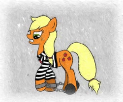 Size: 980x815 | Tagged: safe, artist:porcelainparasite, applejack, earth pony, pony, ball and chain, clothes, prison outfit, solo