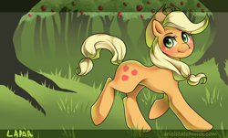 Size: 1280x775 | Tagged: safe, artist:arielstatchwick, applejack, earth pony, pony, looking at you, solo, tree