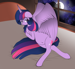 Size: 2200x2004 | Tagged: safe, artist:v-d-k, derpibooru import, twilight sparkle, twilight sparkle (alicorn), alicorn, pony, bed, bedroom eyes, belly button, female, mama twilight, mare, moon, pregnant, smiling, solo