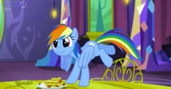 Size: 829x431 | Tagged: safe, derpibooru import, screencap, rainbow dash, pegasus, pony, castle sweet castle, pancakes, solo