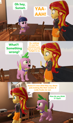 Size: 1920x3240 | Tagged: safe, artist:red4567, sci-twi, spike, spike the regular dog, sunset shimmer, twilight sparkle, dog, comic:zits, equestria girls, 3d, comic, look-alike, source filmmaker, table