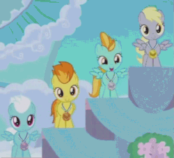 Size: 597x539 | Tagged: safe, screencap, derpy hooves, fleetfoot, lightning dust, spitfire, pony, parental glideance, animated, cropped, female, filly, filly derpy, flashback, fridge horror, gif, medal, podium, the implications are horrible, time lapse, unfortunate implications, what the fuck hasbro, younger