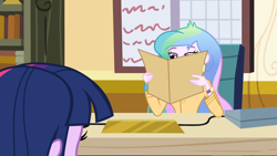 Size: 1366x768 | Tagged: safe, screencap, princess celestia, principal celestia, twilight sparkle, equestria girls, celestia's folder, celestia's office