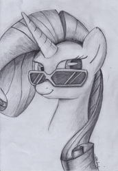 Size: 579x840 | Tagged: safe, artist:shikogo, rarity, pony, unicorn, looking at you, monochrome, solo, sunglasses, traditional art