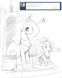 Size: 748x932 | Tagged: safe, artist:ende26, princess celestia, princess luna, alicorn, pony, blushing, cute, ende will be the end of us, filly, heart, monochrome, mouth hold, sitting, sketch, smiling, sword, tumblr, woona, woona knight