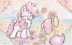 Size: 1173x734 | Tagged: safe, artist:slightlyshade, pinkie pie, scootaloo, earth pony, pegasus, pony, autumn, chest fluff, filly, fluffy, traditional art