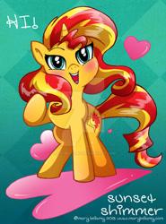 Size: 600x813 | Tagged: safe, artist:marybellamy, sunset shimmer, pony, unicorn, cute, female, heart, mare, obtrusive watermark, open mouth, shimmerbetes, solo, watermark