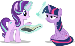 Size: 5577x3447 | Tagged: safe, artist:jhayarr23, starlight glimmer, twilight sparkle, twilight sparkle (alicorn), alicorn, ladybug, pony, unicorn, starlight the hypnotist, spoiler:interseason shorts, book, dazed, female, glowing horn, hypnosis, hypnotized, jewelry, magic, pendant, pendulum swing, simple background, smiling, transparent background, vector