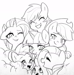 Size: 2330x2382 | Tagged: safe, artist:kianamai, derpibooru import, applejack, fluttershy, pinkie pie, rainbow dash, rarity, spike, twilight sparkle, dragon, earth pony, pegasus, pony, unicorn, castle sweet castle, crying, group hug, mane seven, mane six, monochrome