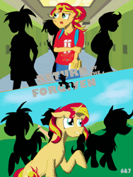 Size: 1536x2048 | Tagged: safe, artist:sixes&sevens, derpibooru exclusive, sunset shimmer, human, pony, unicorn, equestria girls, backpack, book, canterlot high, fanfic, fanfic art, fanfic cover, lockers, silhouette