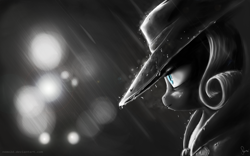 Size: 2000x1250 | Tagged: safe, artist:nemo2d, rarity, pony, unicorn, rarity investigates, detective rarity, grayscale, monochrome, neo noir, noir, partial color, rain, solo