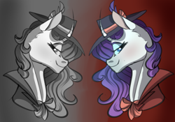 Size: 540x378 | Tagged: safe, artist:thepoisonjackal, rarity, pony, unicorn, rarity investigates, clothes, detective rarity, duality, hat, my little art challenge, noir, trenchcoat