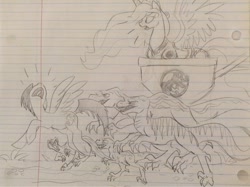 Size: 600x449 | Tagged: safe, artist:zigragirl, princess celestia, oc, oc:cloud swarmer, alicorn, dinosaur, pegasus, pony, velociraptor, chase, female, lined paper, male, mare, monochrome, pencil drawing, podium, screaming, sketch, stallion, traditional art