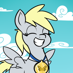 Size: 500x500 | Tagged: dead source, safe, artist:reiduran, derpy hooves, pegasus, pony, parental glideance, cloud, cute, derpabetes, eyes closed, female, grin, mare, medal, sky, smiling, solo, spread wings, wings