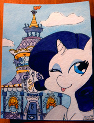 Size: 600x781 | Tagged: safe, artist:coggler, artist:frog&cog, artist:gopherfrog, rarity, pony, unicorn, carousel boutique, solo, tongue out, traditional art