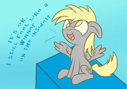 Size: 1280x896 | Tagged: safe, artist:hecc95, derpy hooves, pony, parental glideance, dialogue, floppy ears, gradient background, happy, podium, solo