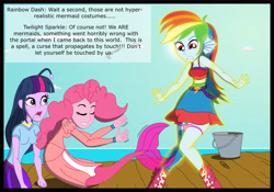 Size: 4629x3243 | Tagged: safe, artist:physicrodrigo, derpibooru import, edit, editor:rmzero, part of a series, part of a set, pinkie pie, rainbow dash, twilight sparkle, angler fish, mermaid, series:equestria mermaids, equestria girls, boots, clothes, cloud, curse, cursed, dialogue, dress, mermaidized, ocean, pail, scales, shoes, species swap, surprised, text, transformation