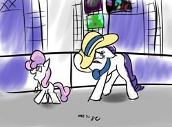 Size: 1280x948 | Tagged: safe, artist:mxcoriginal, rarity, sweetie belle, pony, unicorn, convention, hat, my little art challenge