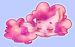 Size: 812x512 | Tagged: dead source, safe, artist:siukii, pinkie pie, earth pony, pony, beanbrows, blue background, blushing, cute, diapinkes, ear fluff, eyebrows, eyes closed, simple background, sleeping, solo, sparkles