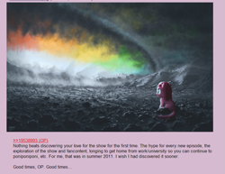 Size: 853x657 | Tagged: safe, pinkie pie, earth pony, pony, /mlp/, 4chan, filly, nostalgia, solo, sonic rainboom, text