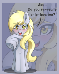 Size: 1600x2000 | Tagged: safe, artist:ciderpunk, derpy hooves, pegasus, pony, blushing, female, mare, solo, spoilers in the comments, stuttering, wing hands, zoom layer