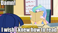 Size: 960x540 | Tagged: safe, screencap, princess celestia, principal celestia, twilight sparkle, equestria girls, celestia's folder, celestia's office, illiteracy, image macro, meme